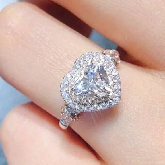 😍Diamond Heart CZ Shiny 14k White Gold Luxury Macro Pave Ring for Women, K852 - Picture 2 of 11